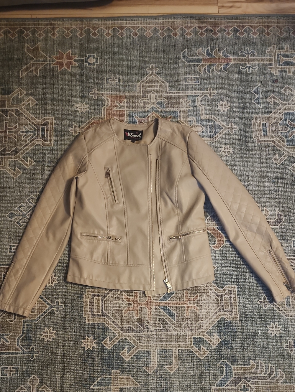 Medium Taupe Faux Leather Moto Jacket with Quilted Sleeves